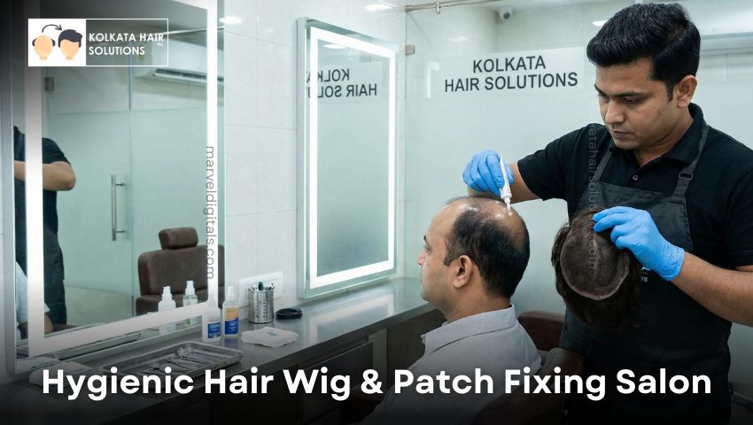 Human hair patch and base materials used at Hair Fixing Center in Kolkata