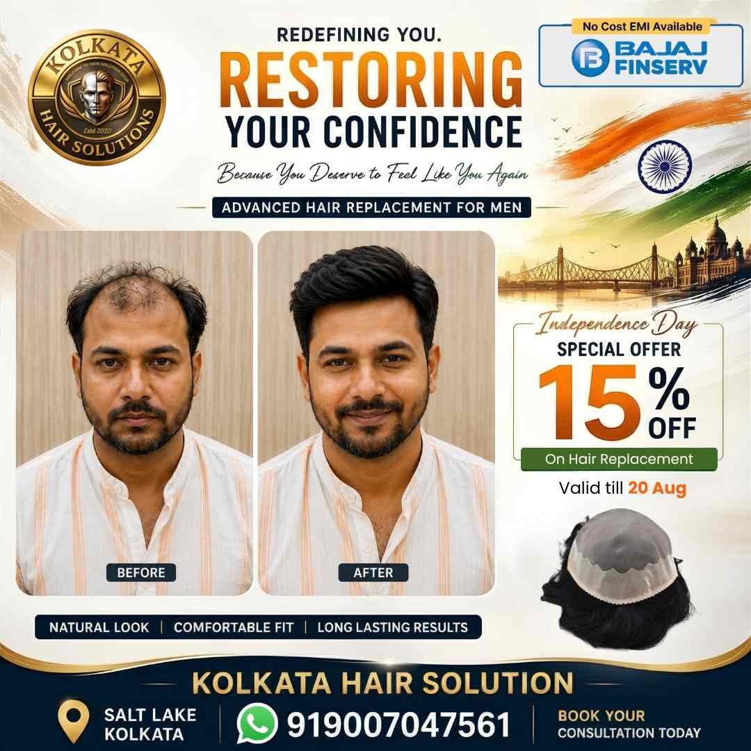 Independence Day 15% percent off on hair patch and wigs in Salt Lake, Kolkata.